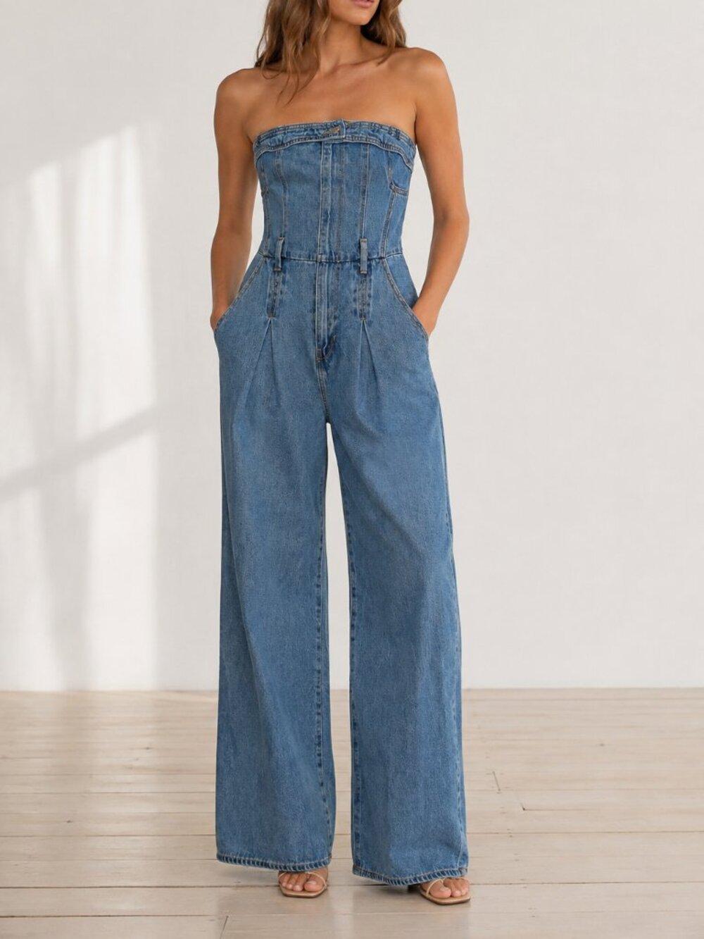 Forever 21 Strapless Wide Leg Denim Jumpsuit Size: M